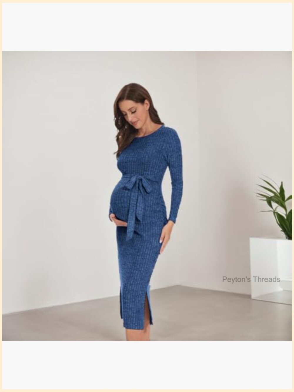 Crewneck Maternity Sweater Dress Rib Knit Long Sleeve Slit Dress with Belt - Picture 2 of 7